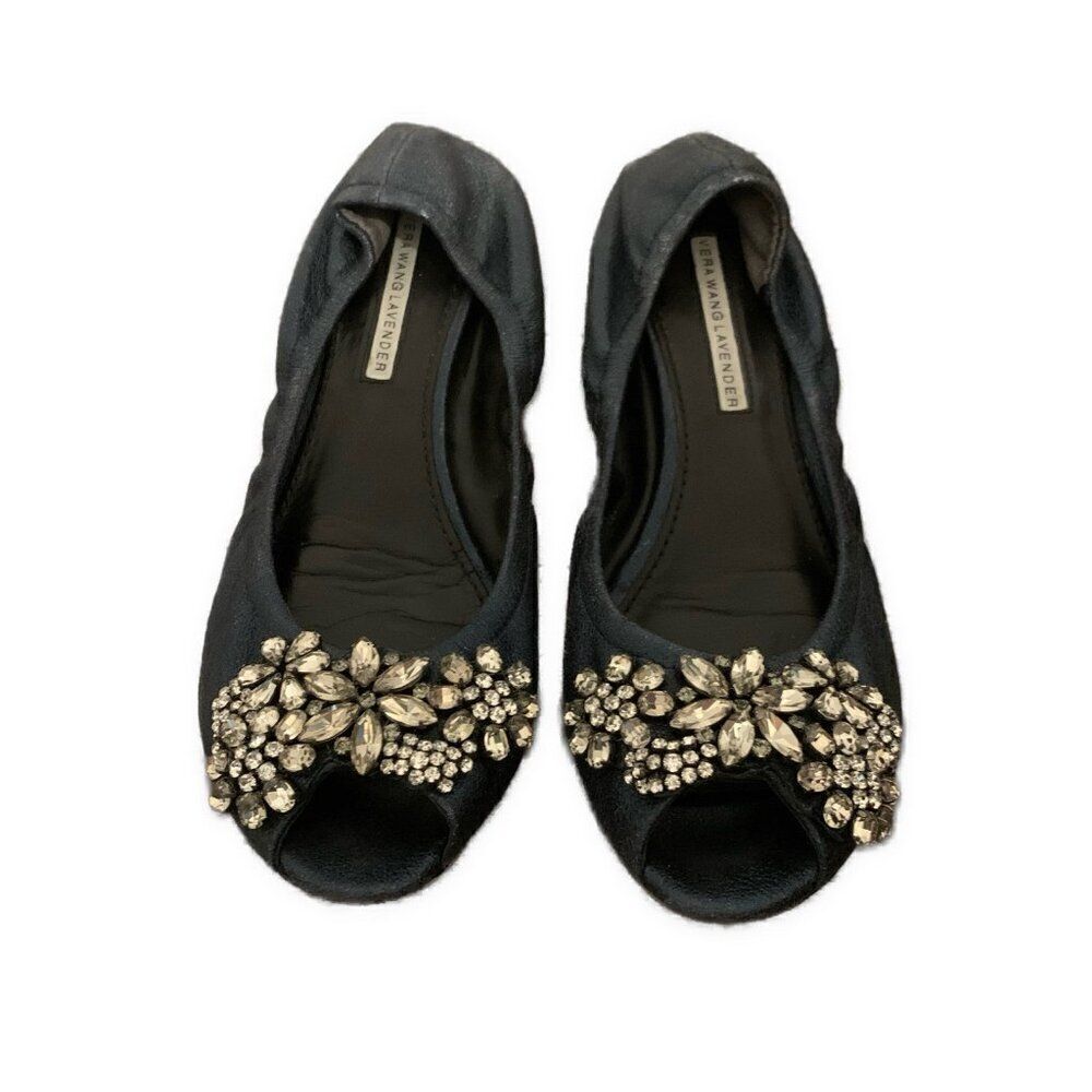Vera Wang Navy Blue Shine Silver Rhinestone Peep Toe Ballet Flats 7.5